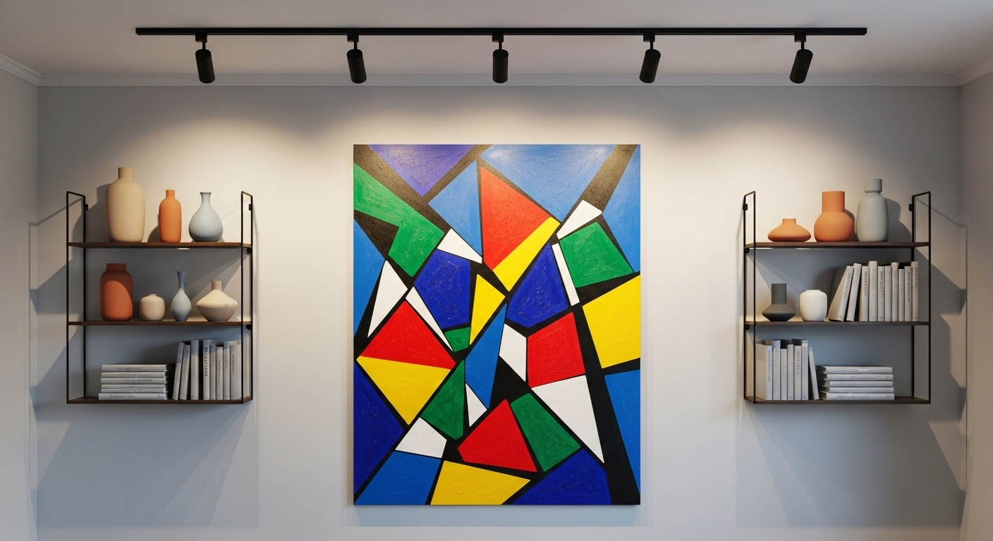 Tường nhấn phòng khách nhỏ với tranh trừu tượng hình học, màu sắc nổi bật. Hai bên là kệ treo tối giản trưng bày lọ gốm và sách, dưới ánh đèn rọi mềm mại, mang đến ý tưởng trang trí phòng khách nhỏ hiện đại, tinh tế.