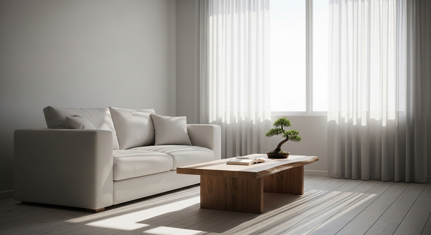 Trang trí phòng khách nhỏ đẹp đơn giản phong cách Nhật, với nội thất gỗ tự nhiên, tông màu trắng ngà xám dịu và ánh nắng nhẹ nhàng. Trang trí phòng khách nhỏ đẹp đơn giản phong cách Nhật, với nội thất gỗ tự nhiên, tông màu trắng ngà xám dịu và ánh nắng nhẹ nhàng.