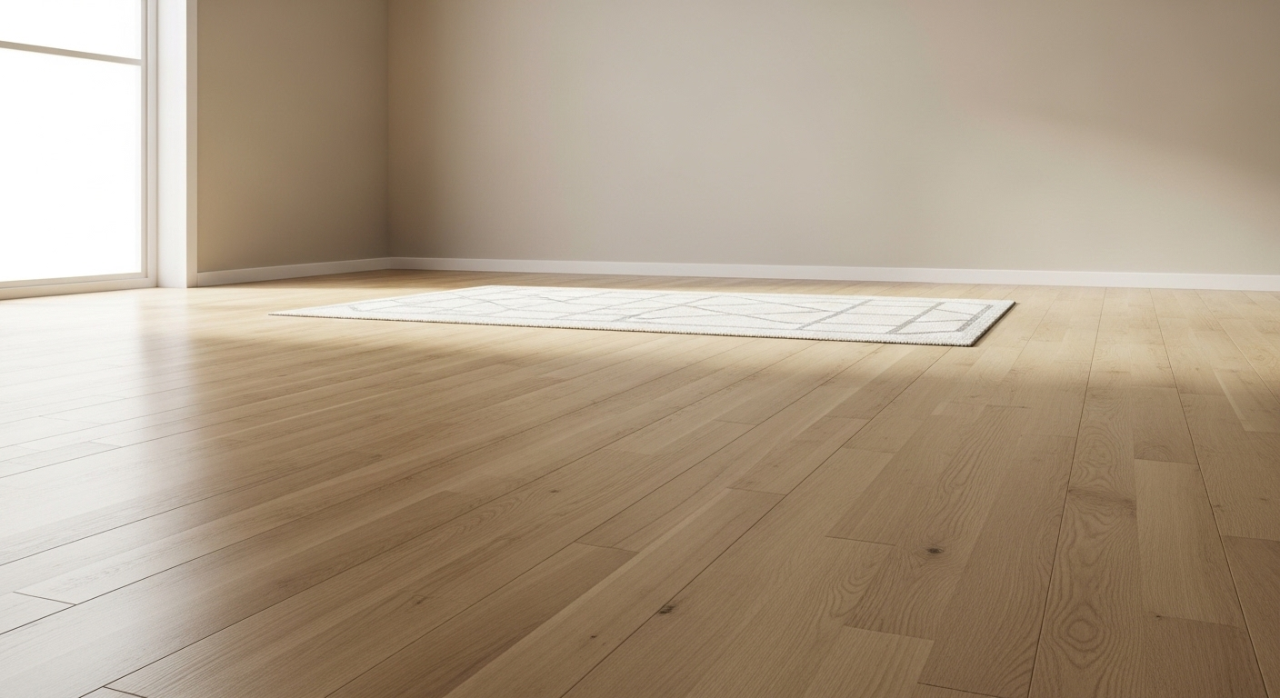 Không gian phòng khách sạch sẽ với sàn gỗ sáng màu bóng loáng, thảm trải sàn đơn giản và tường màu trung tính, tạo cảm giác thanh bình, rất phù hợp cho phong thủy phòng khách.