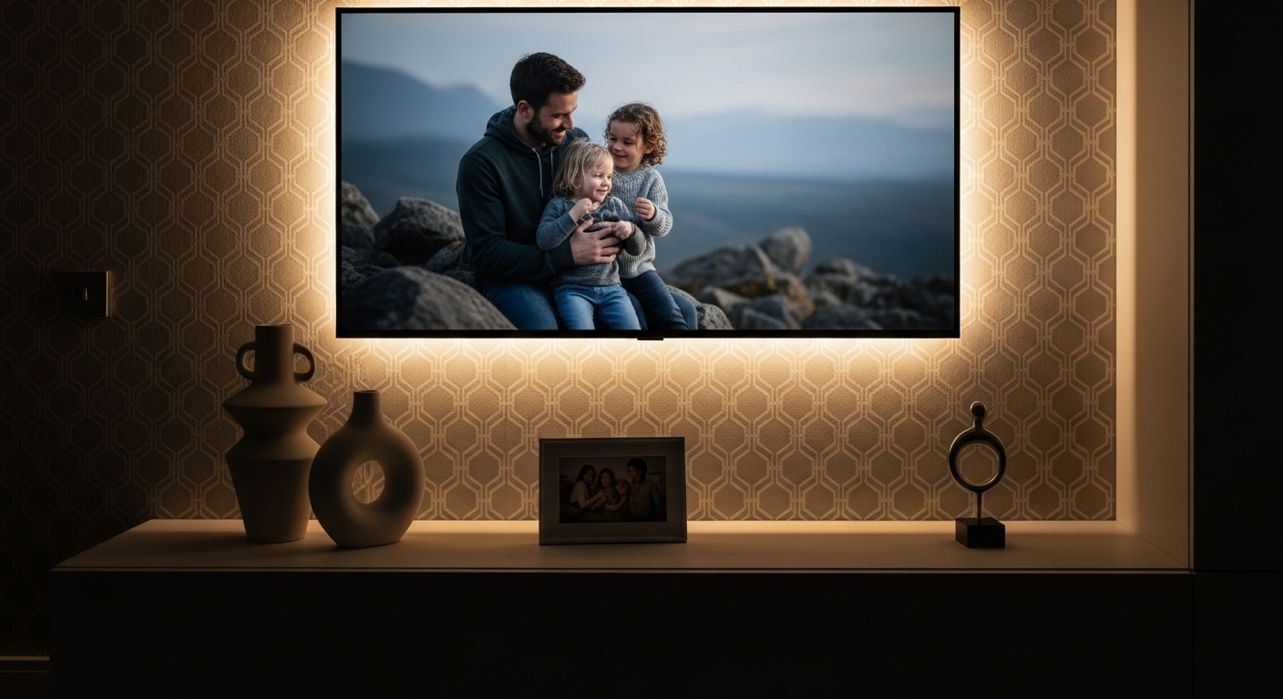 Cách trang trí kệ tivi phòng khách hiện đại với đèn LED hắt sáng ấm áp, tường nhấn hoa văn tinh tế và các vật phẩm decor đẹp mắt trên kệ.