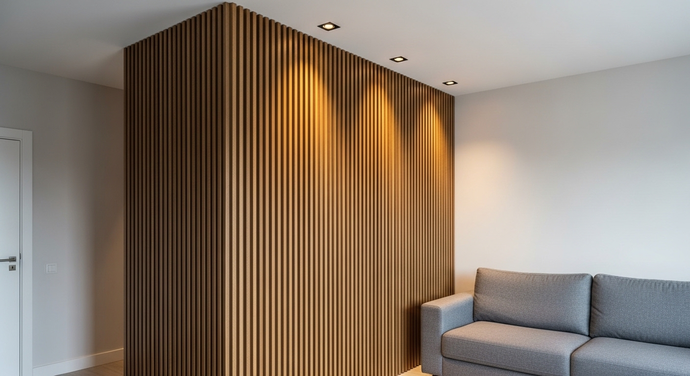 Trang trí phòng khách hiện đại với vách lam gỗ nâu ấm làm điểm nhấn và phân chia không gian, cạnh ghế sofa xám thoải mái. Trang trí phòng khách hiện đại với vách lam gỗ nâu ấm làm điểm nhấn và phân chia không gian, cạnh ghế sofa xám thoải mái.