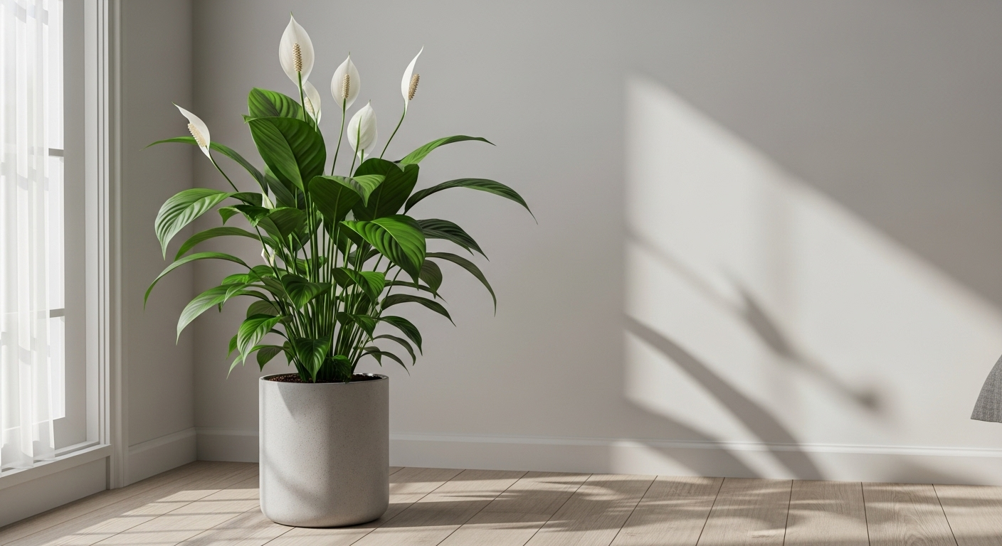 Cây lan ý xanh tươi cao trong chậu gốm, đặt trên sàn gỗ sáng ở góc phòng ngủ yên bình đón nắng ban mai, là điểm nhấn tự nhiên cho trang trí phòng ngủ.