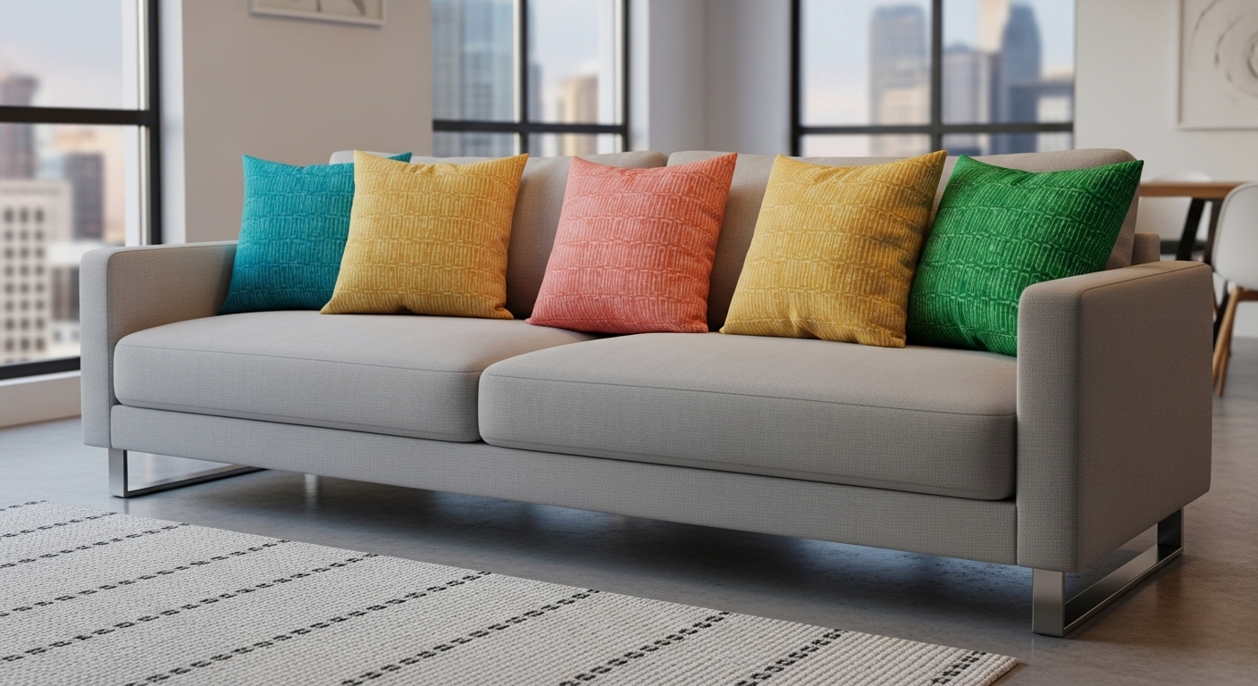 Phòng khách hiện đại với ghế sofa sạch sẽ, trang trí gối tựa nhiều màu sắc rực rỡ, tạo không khí ấm cúng cho trang trí phòng khách ngày Tết, kèm thảm trải sàn họa tiết đơn giản.