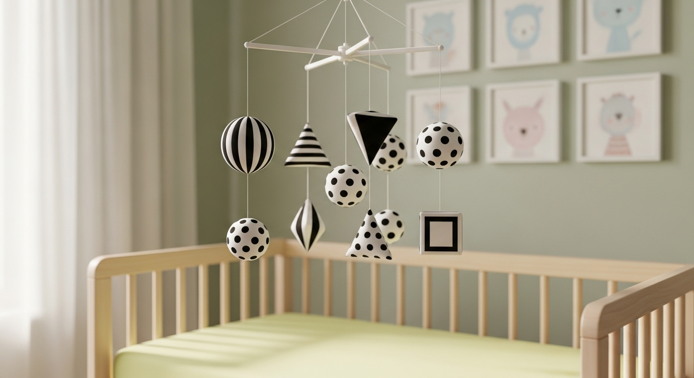 Mobile treo nôi hình học đen trắng tương phản cao phía trên nôi sáng màu, tạo điểm nhấn cho trang trí phòng cho trẻ sơ sinh với tranh động vật ngộ nghĩnh và tông màu pastel nhẹ nhàng. Mobile treo nôi hình học đen trắng tương phản cao phía trên nôi sáng màu, tạo điểm nhấn cho trang trí phòng cho trẻ sơ sinh với tranh động vật ngộ nghĩnh và tông màu pastel nhẹ nhàng.
