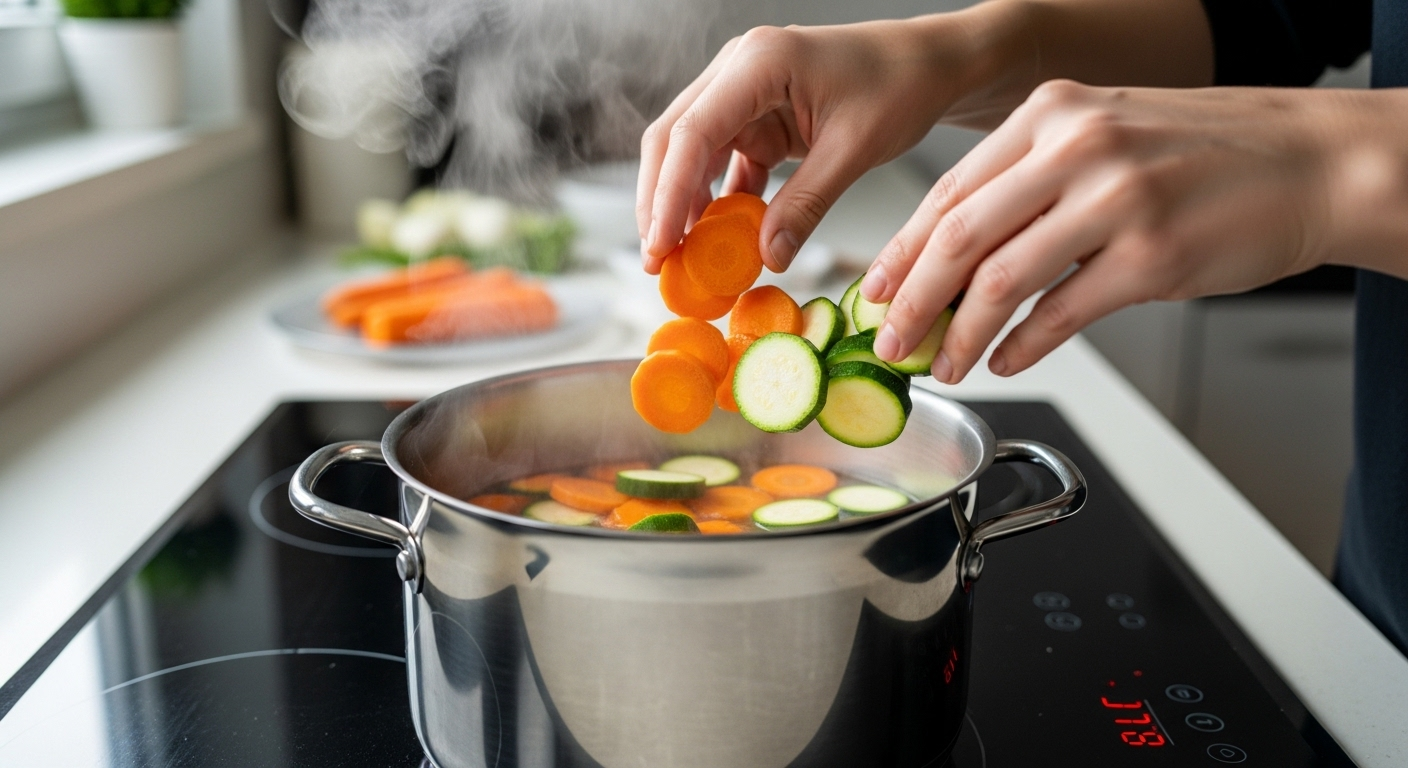 Bàn tay nhẹ nhàng cho cà rốt và bí ngòi thái lát vào nồi trên bếp từ hiện đại, minh họa cho việc chuẩn bị Chế độ ăn lành mạnh và tiết kiệm tại nhà.