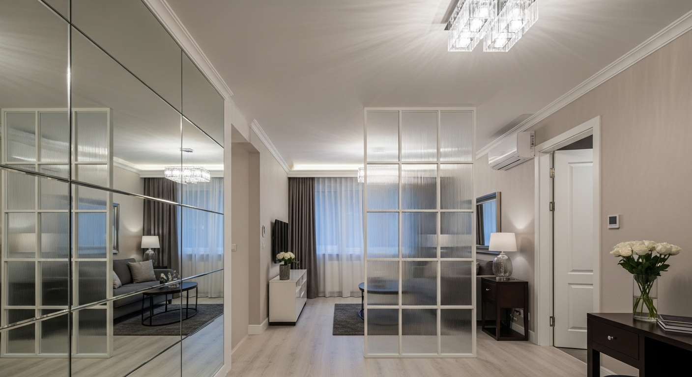 Thiết kế nội thất phòng khách nhà ống hiện đại, tối ưu không gian với gương lớn tạo chiều sâu, vách ngăn kính và ánh sáng tinh tế. Thiết kế nội thất phòng khách nhà ống hiện đại, tối ưu không gian với gương lớn tạo chiều sâu, vách ngăn kính và ánh sáng tinh tế.