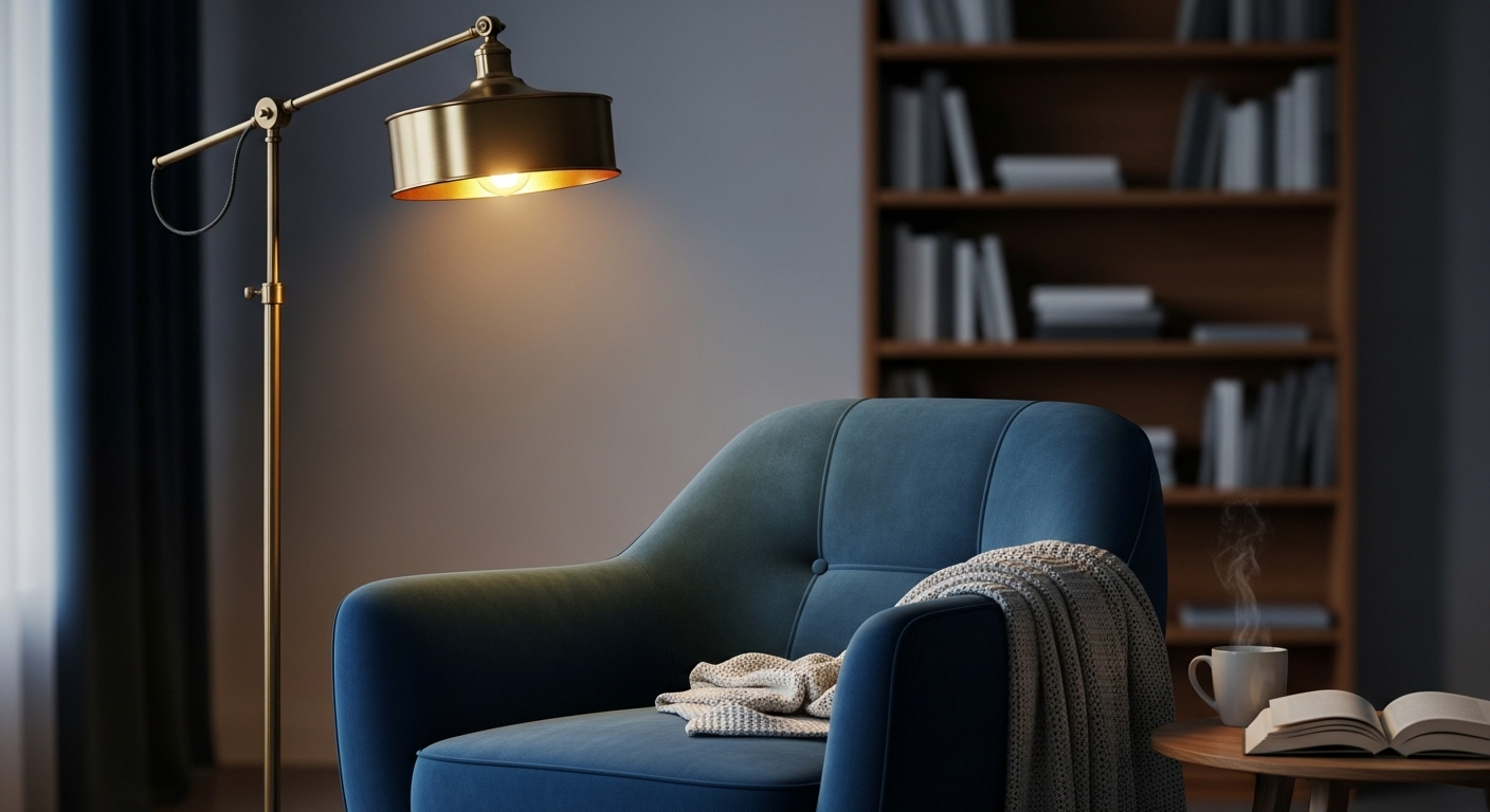 Trang trí phòng khách đẹp với góc đọc sách ấm cúng, ghế bành xanh thoải mái, đèn sàn đồng sang trọng và kệ sách gỗ tạo không gian thư giãn.