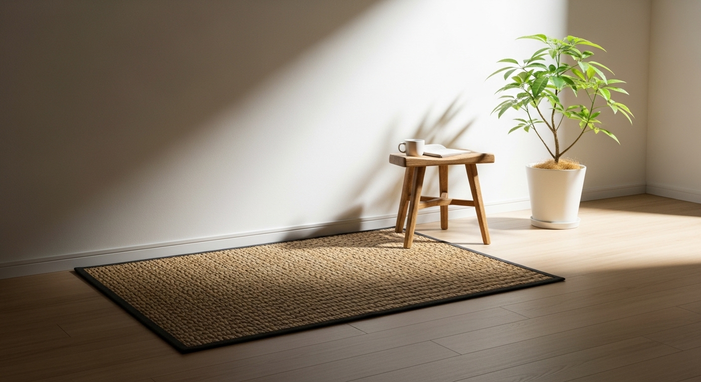 Góc thư giãn phòng khách hiện đại với chiếu cói, ghế gỗ và cây xanh, thể hiện cách trang trí phòng khách tối giản, thanh lịch.