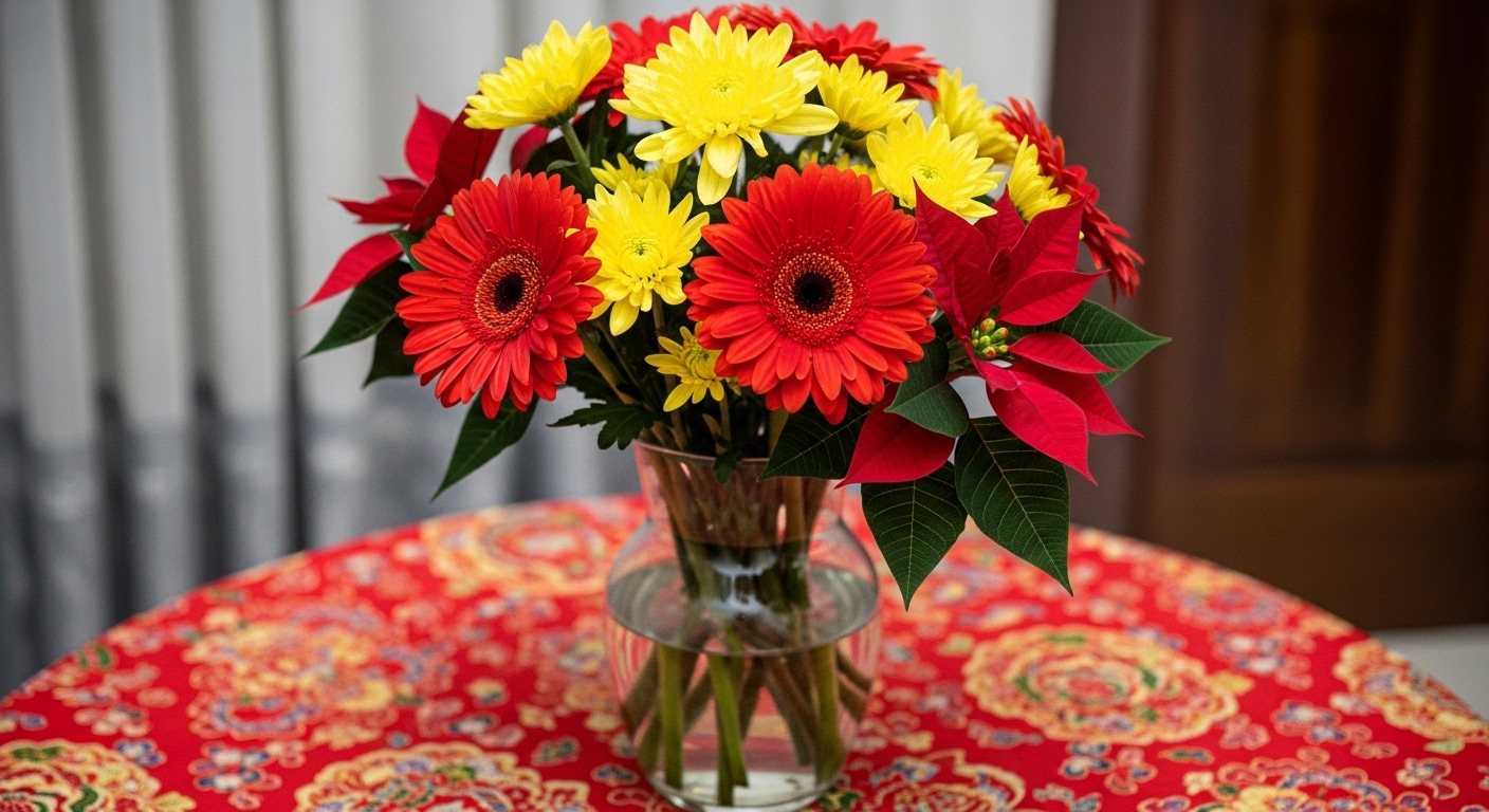 Bình hoa Tết rực rỡ với đồng tiền đỏ, cúc vàng, trạng nguyên xanh đặt trên khăn trải bàn đỏ vàng, lý tưởng để trang trí phòng khách ngày Tết.