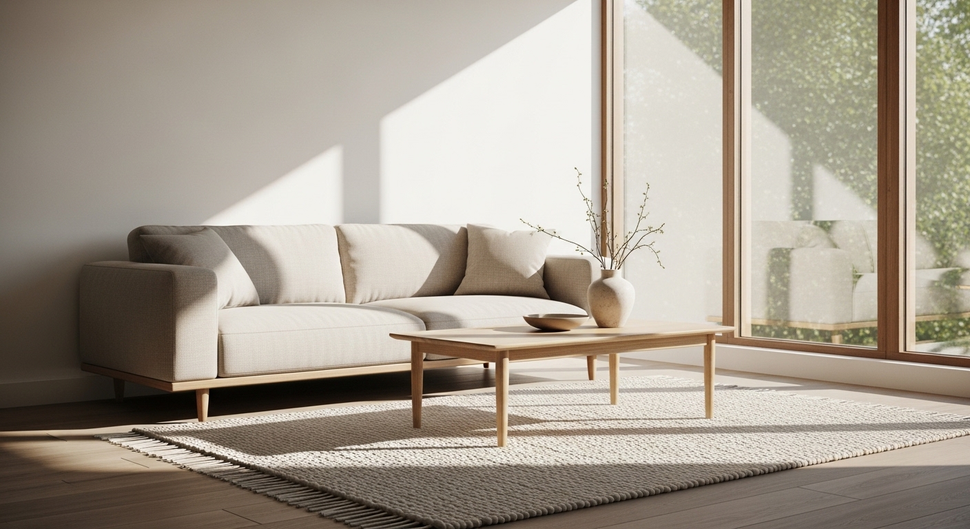 Phòng khách Scandinavian sáng, thanh bình với ghế sofa be, bàn cà phê gỗ, thảm len. Các đồ trang trí phòng khách tối giản này được làm nổi bật bởi ánh sáng tự nhiên.