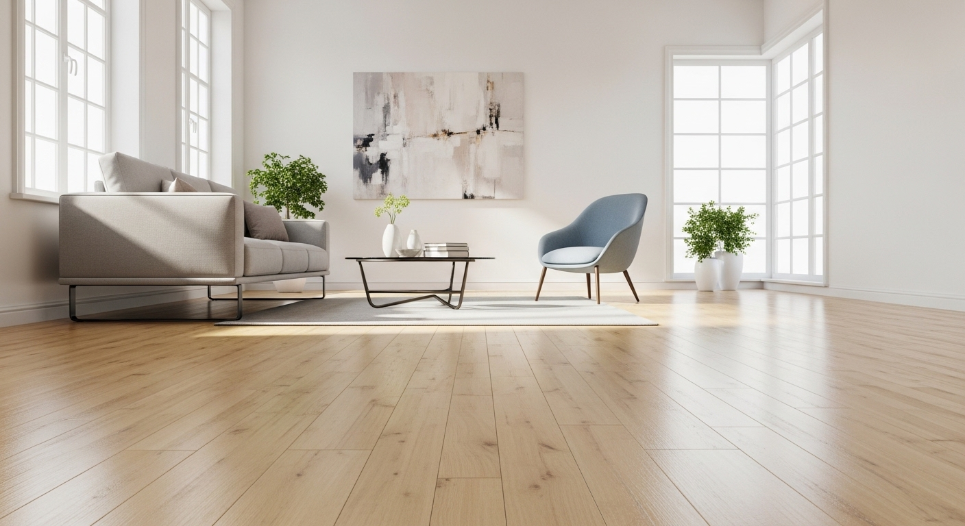 Phòng khách rộng rãi, gọn gàng với nội thất chữa lành tối giản, lối đi thông thoáng. Sàn gỗ phản chiếu ánh sáng tự nhiên, mang lại không gian bình yên và dễ chịu.