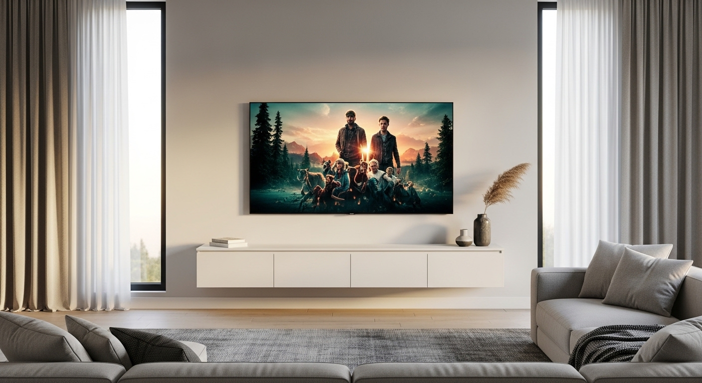 Hình ảnh minh họa cách trang trí phòng khách đẹp hiện đại, với tivi màn hình phẳng treo tường và tủ tivi nổi màu trắng tinh tế, thiết kế tối giản có ngăn kéo ẩn.