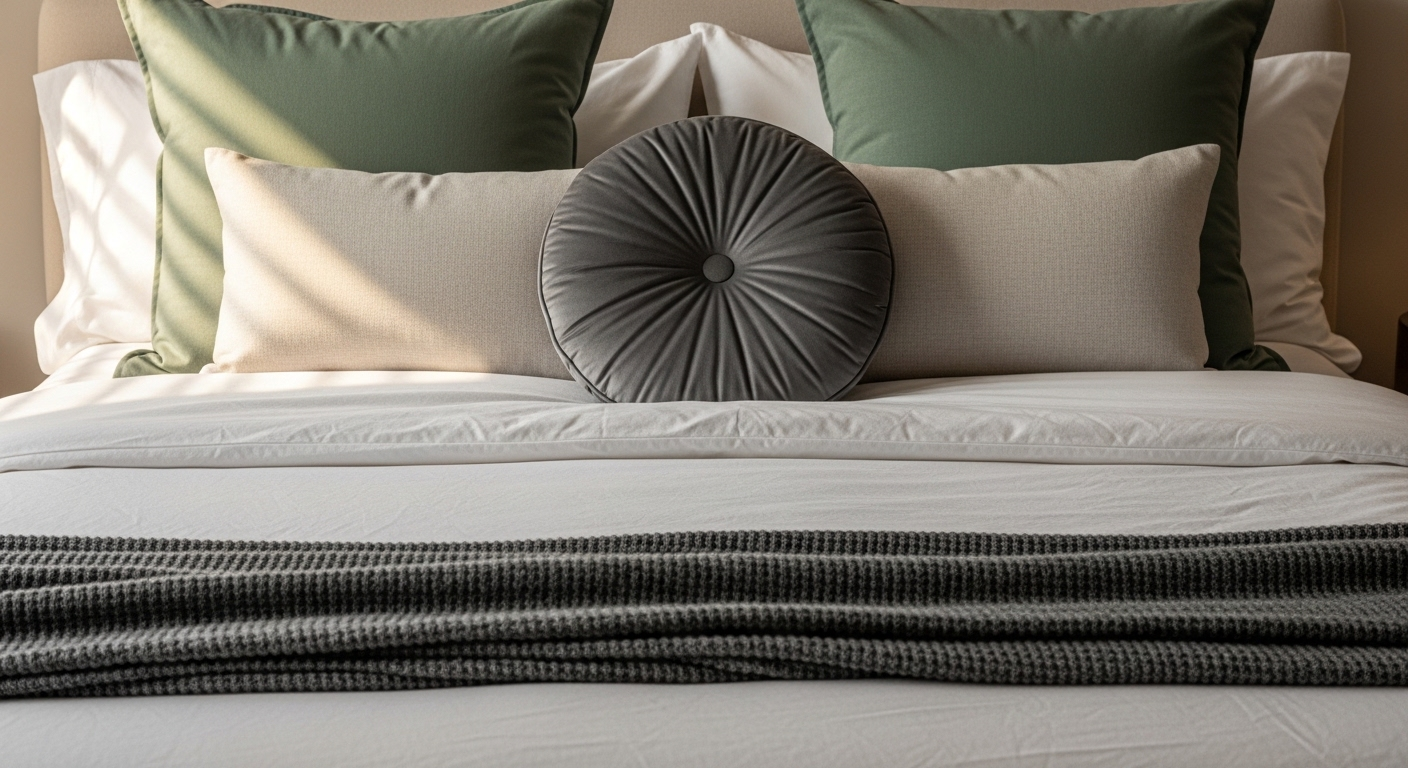 Giường ngủ sang trọng được trang trí tinh tế với nhiều lớp vải mềm, chăn trắng êm ái, chăn vắt xám và gối tựa tông trầm, tạo không gian thư giãn lý tưởng cho trang trí phòng ngủ hiện đại.