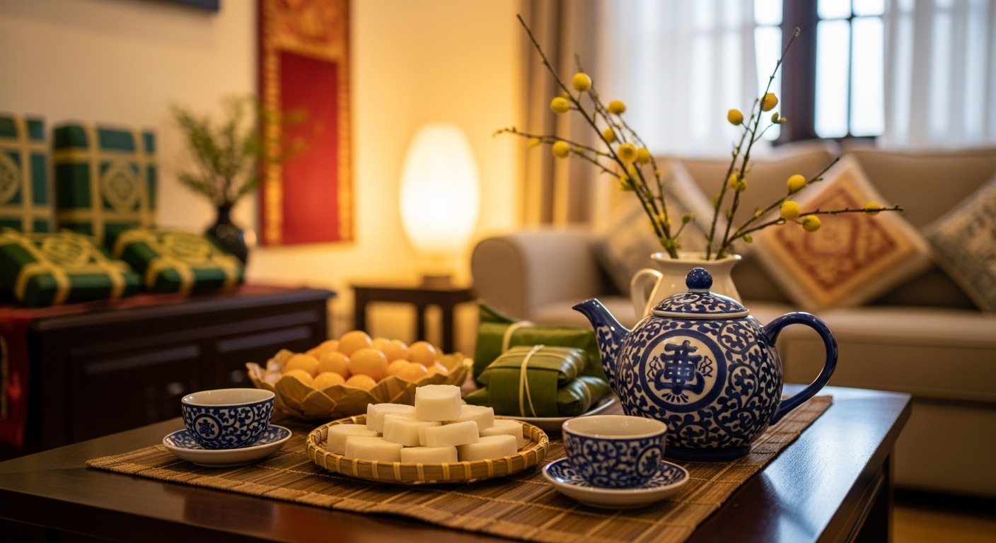 Cận cảnh bàn trà Tết truyền thống với khay mứt đỏ rực, bộ trà tinh xảo và trái cây tươi, minh họa cách trang trí nhà đón Tết ấm cúng và đẹp mắt.