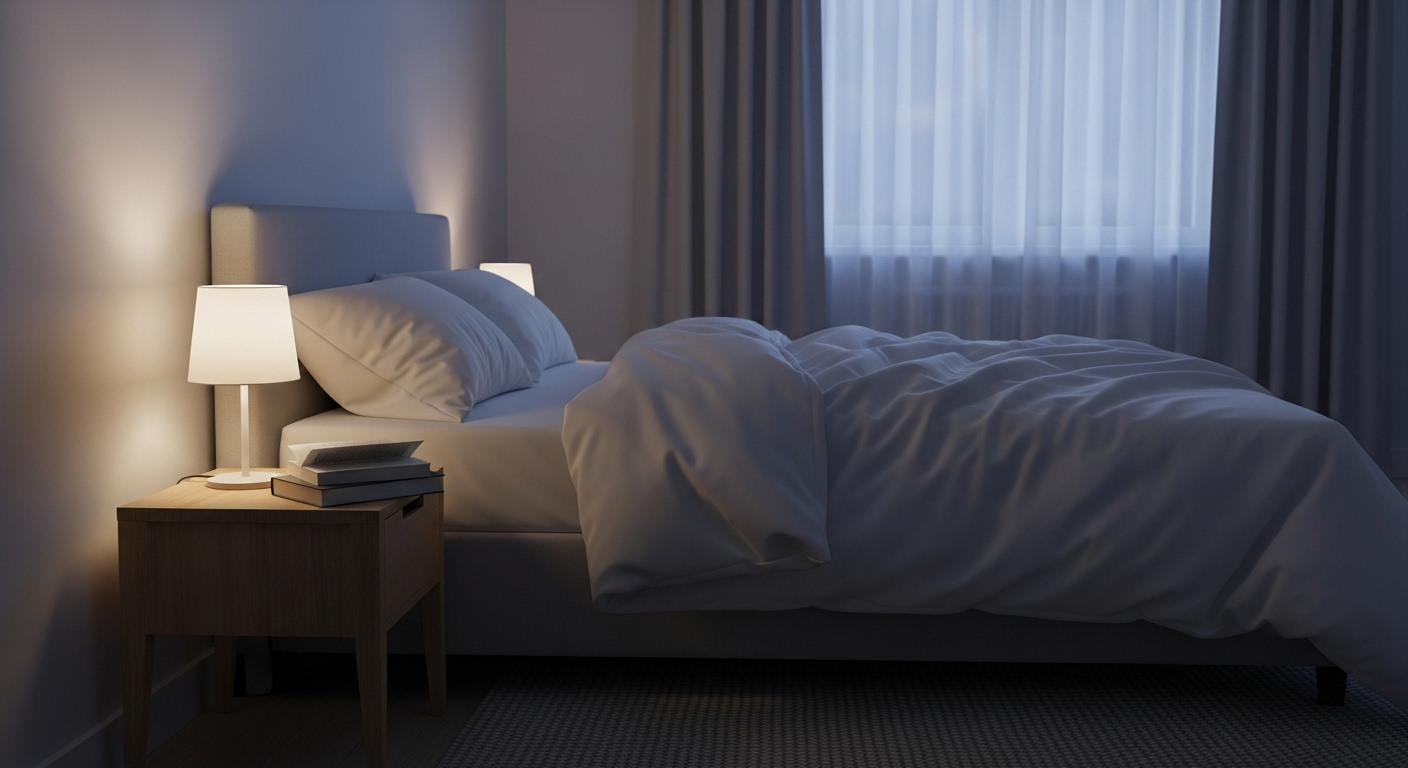 Phòng ngủ yên bình với giường sạch sẽ và sách, mang lại không gian lý tưởng cho giấc ngủ sâu, góp phần vào lối sống khỏe mạnh cùng dinh dưỡng và vận động hợp lý.