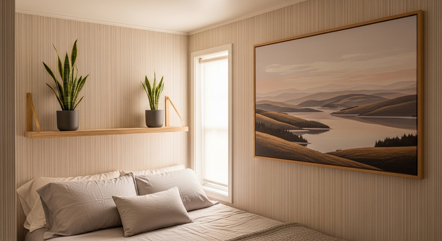 Trang trí phòng ngủ nhỏ ấm cúng với cây lưỡi hổ trên kệ nổi, tranh phong cảnh lớn và giấy dán tường sọc dọc nhẹ nhàng, tạo không gian thư thái, gần gũi thiên nhiên. Trang trí phòng ngủ nhỏ ấm cúng với cây lưỡi hổ trên kệ nổi, tranh phong cảnh lớn và giấy dán tường sọc dọc nhẹ nhàng, tạo không gian thư thái, gần gũi thiên nhiên.