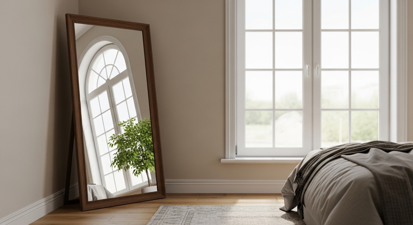 Gương lớn phản chiếu cửa sổ giúp phòng ngủ trông rộng và sáng hơn, một mẹo vặt trang trí phòng ngủ thông minh tận dụng ánh sáng tự nhiên và mở rộng không gian.