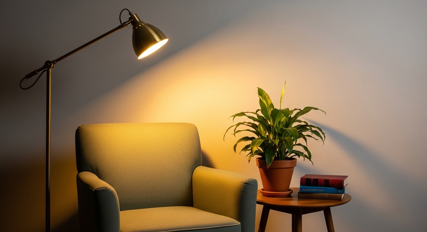 Góc đọc sách ấm cúng với ghế bành xanh lá cây, đèn ánh sáng ấm và cây xanh trên bàn phụ.