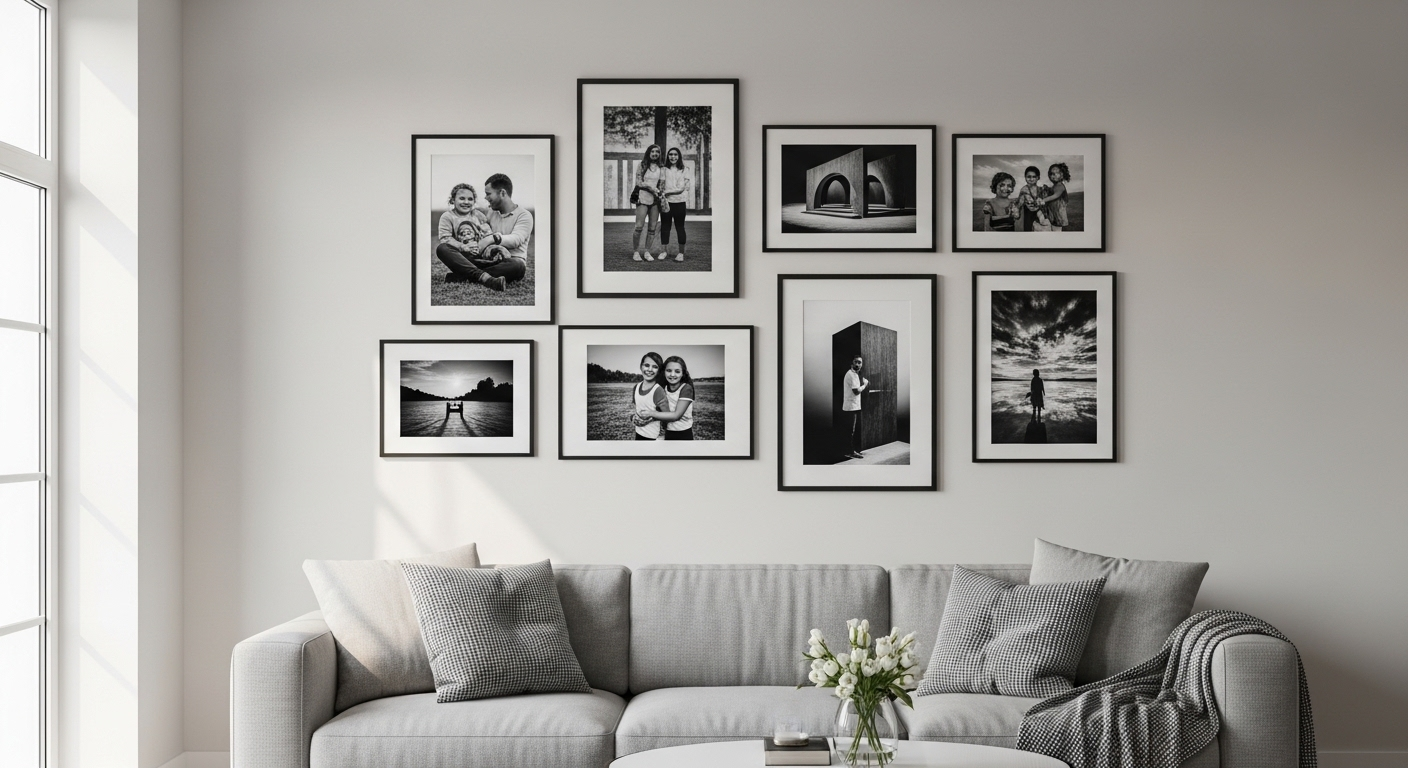 Tường gallery ảnh đen trắng đối xứng trên nền tường sáng trong phòng khách hiện đại.