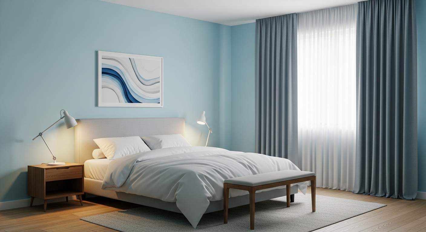 Phòng ngủ tối giản với tường xanh pastel dịu mát, ga giường trắng tinh, ánh sáng ấm áp từ đèn ngủ và tranh trừu tượng, tạo không gian thư giãn tối đa.