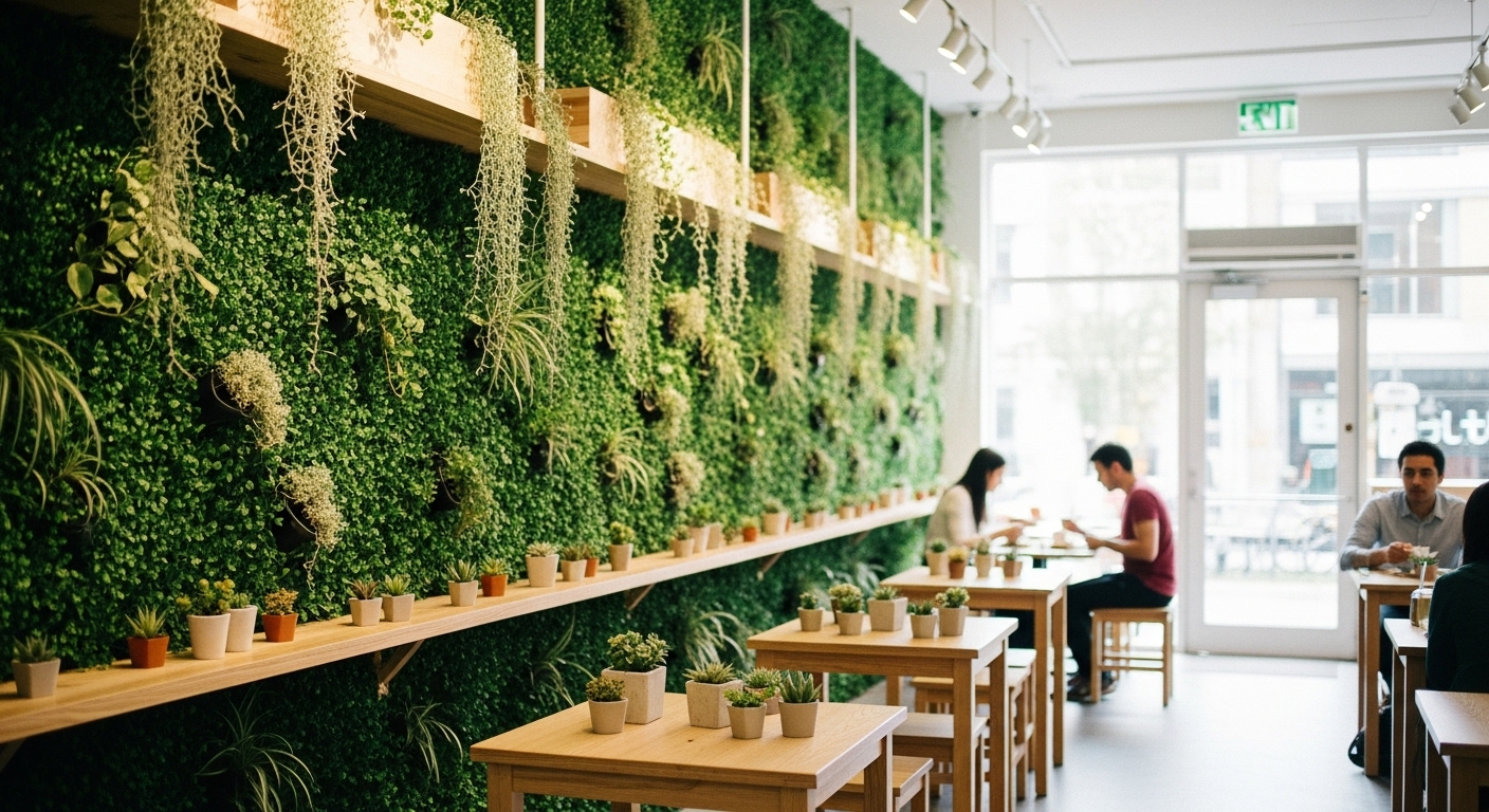 không gian xanh mát cùng bức tường cây ấn tượng, dây leo rủ mềm mại và chậu cây nhỏ xinh đặt trên bàn, kệ gỗ sáng màu, tạo không khí trong lành và thư giãn.