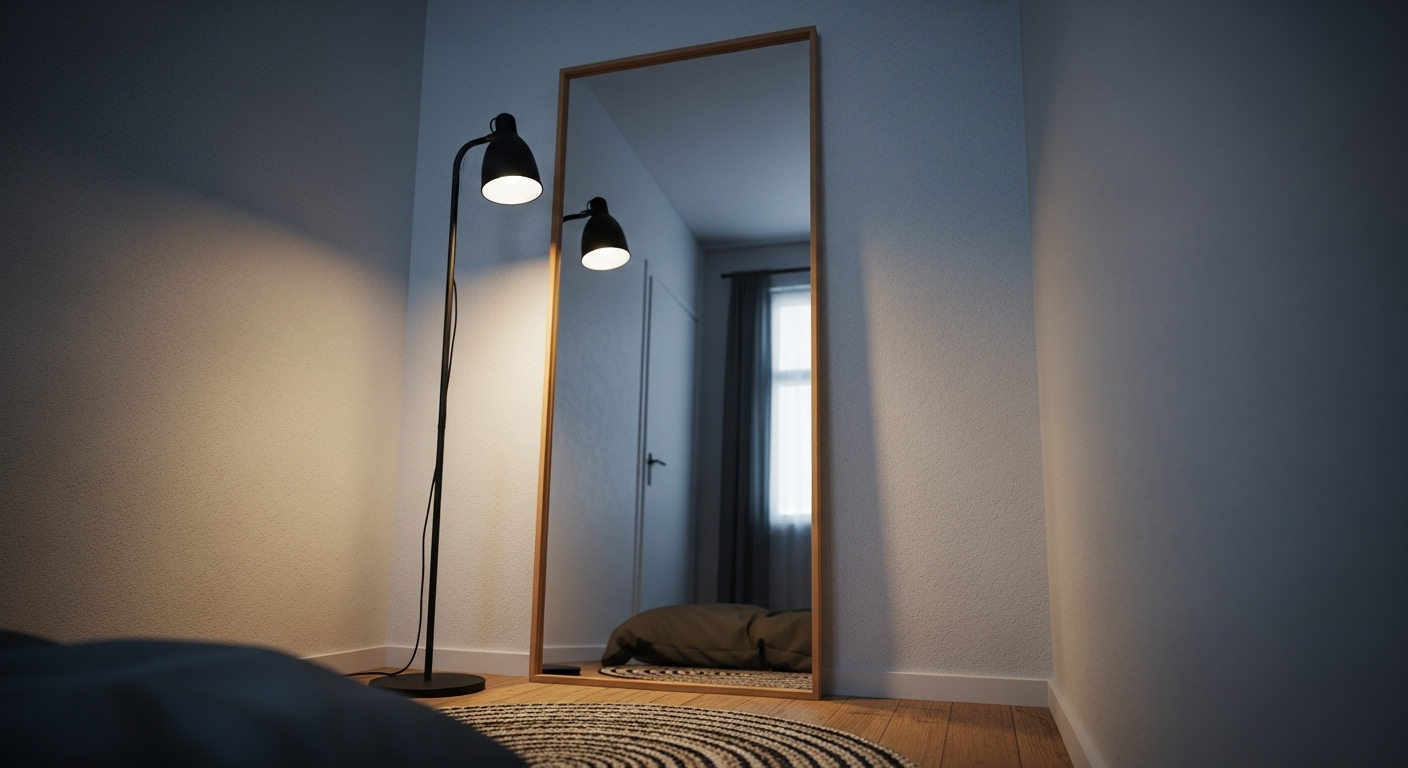 Gương lớn hình chữ nhật đặt dọc trên tường sáng, phản chiếu không gian, là ý tưởng hiệu quả để trang trí phòng ngủ nhỏ. Đèn cây mảnh mai cạnh gương.