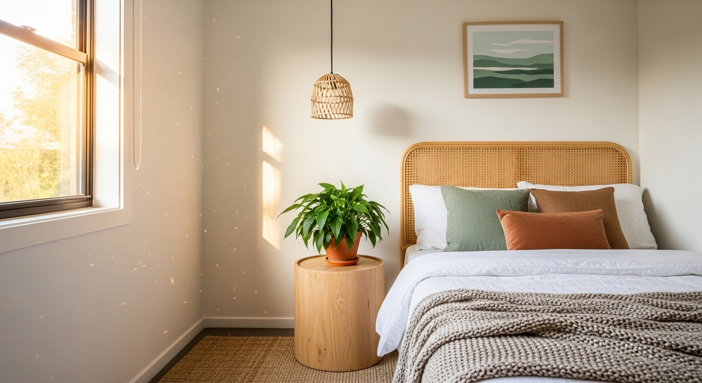 Phòng ngủ nhỏ ấm cúng theo phong cách tự nhiên với đầu giường mây đan, bàn gỗ tròn đặt cây xanh chậu đất nung và thảm đay. Đây là mẹo vặt trang trí phòng ngủ tạo không gian thư giãn.