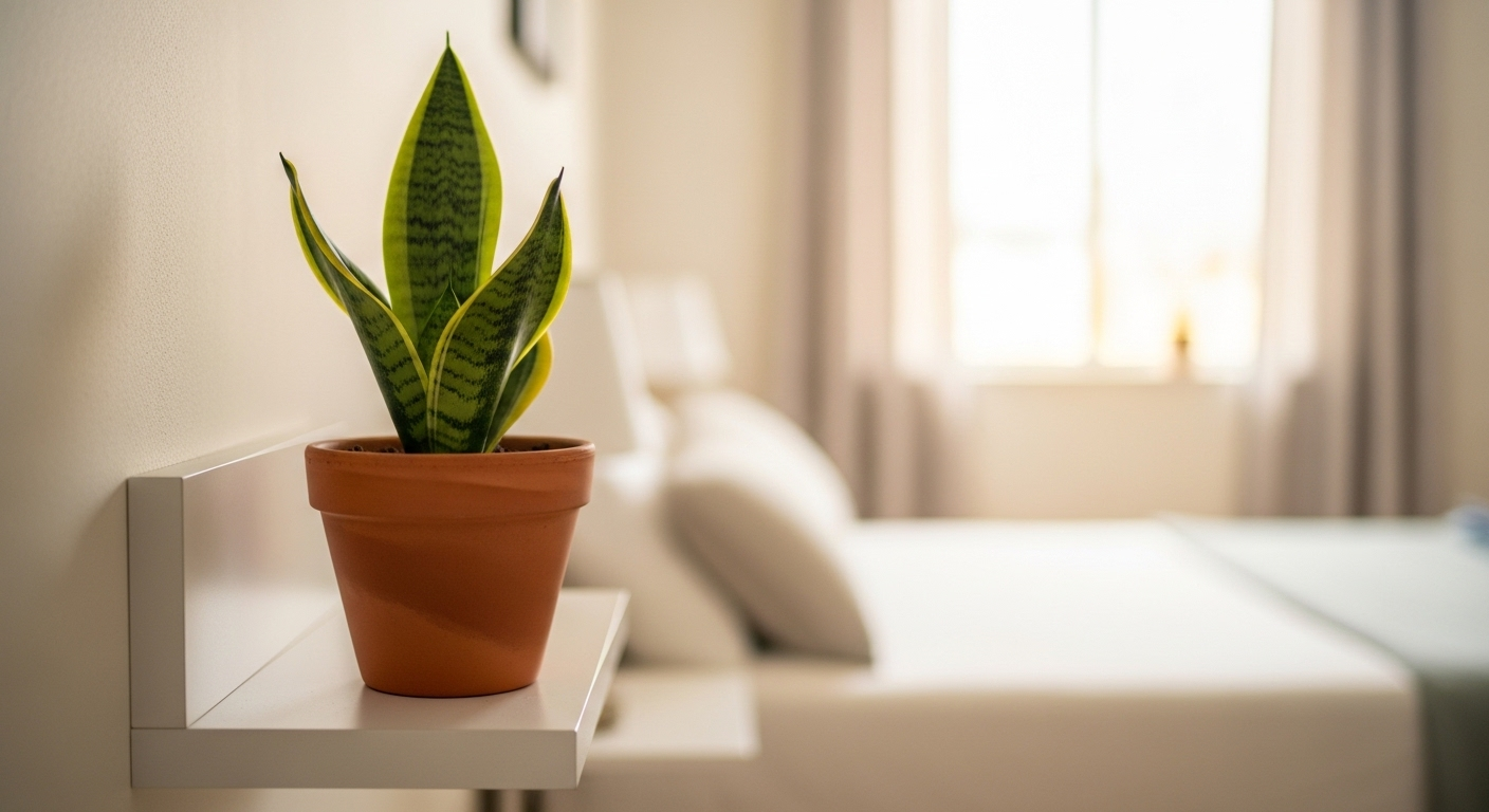 Cây lưỡi hổ lá sọc trong chậu đất nung, đặt trên kệ tường trắng, là món đồ trang trí phòng ngủ đẹp mắt.