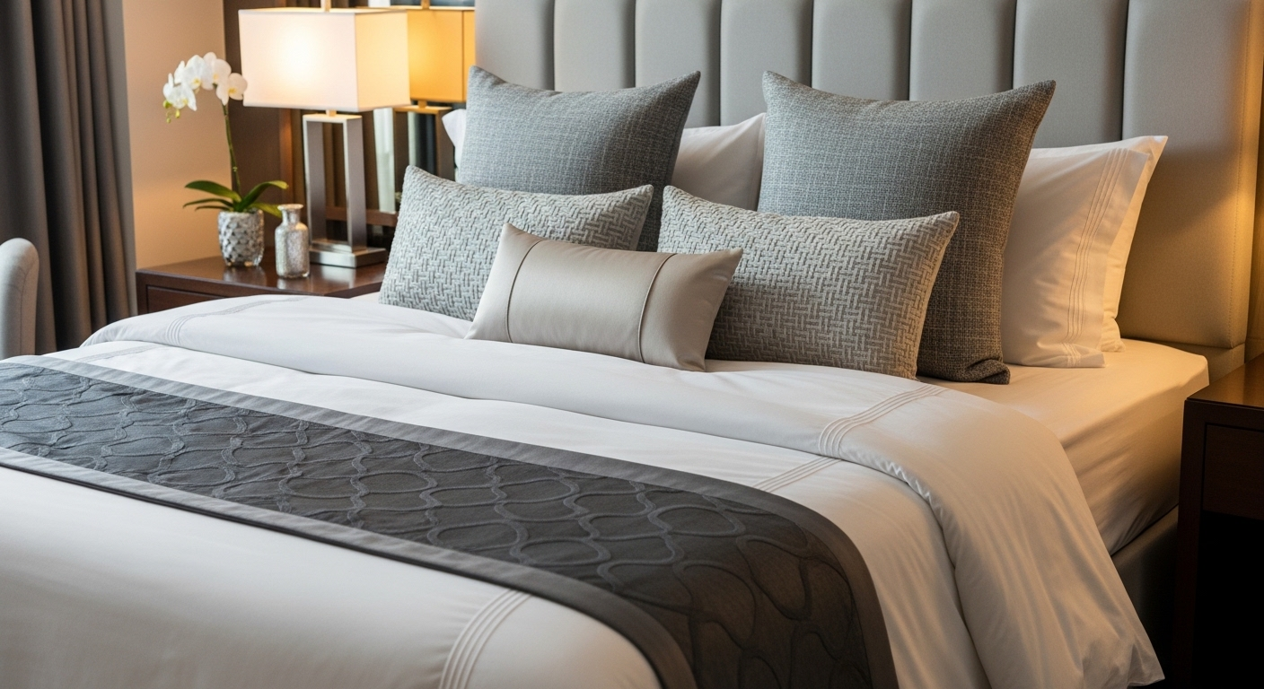 Giường ngủ sang trọng với nhiều lớp chăn ga gối cao cấp, chăn lông vũ trắng bồng bềnh và gối trang trí tinh tế. Điểm nhấn là khăn trải chân giường lịch lãm, gợi ý hoàn hảo cho cách trang trí phòng ngủ sang trọng. Giường ngủ sang trọng với nhiều lớp chăn ga gối cao cấp, chăn lông vũ trắng bồng bềnh và gối trang trí tinh tế. Điểm nhấn là khăn trải chân giường lịch lãm, gợi ý hoàn hảo cho cách trang trí phòng ngủ sang trọng.