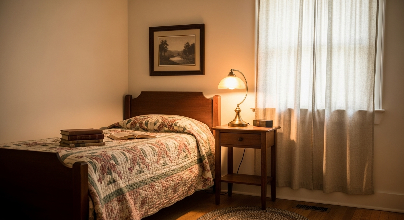 Một phòng ngủ nhỏ phong cách vintage ấm cúng với giường gỗ, chăn họa tiết hoa nhã nhặn và đèn đồng. Đây là một cách trang trí phòng ngủ nhỏ đẹp theo hướng cổ điển, tạo không gian thư thái. Một phòng ngủ nhỏ phong cách vintage ấm cúng với giường gỗ, chăn họa tiết hoa nhã nhặn và đèn đồng. Đây là một cách trang trí phòng ngủ nhỏ đẹp theo hướng cổ điển, tạo không gian thư thái.