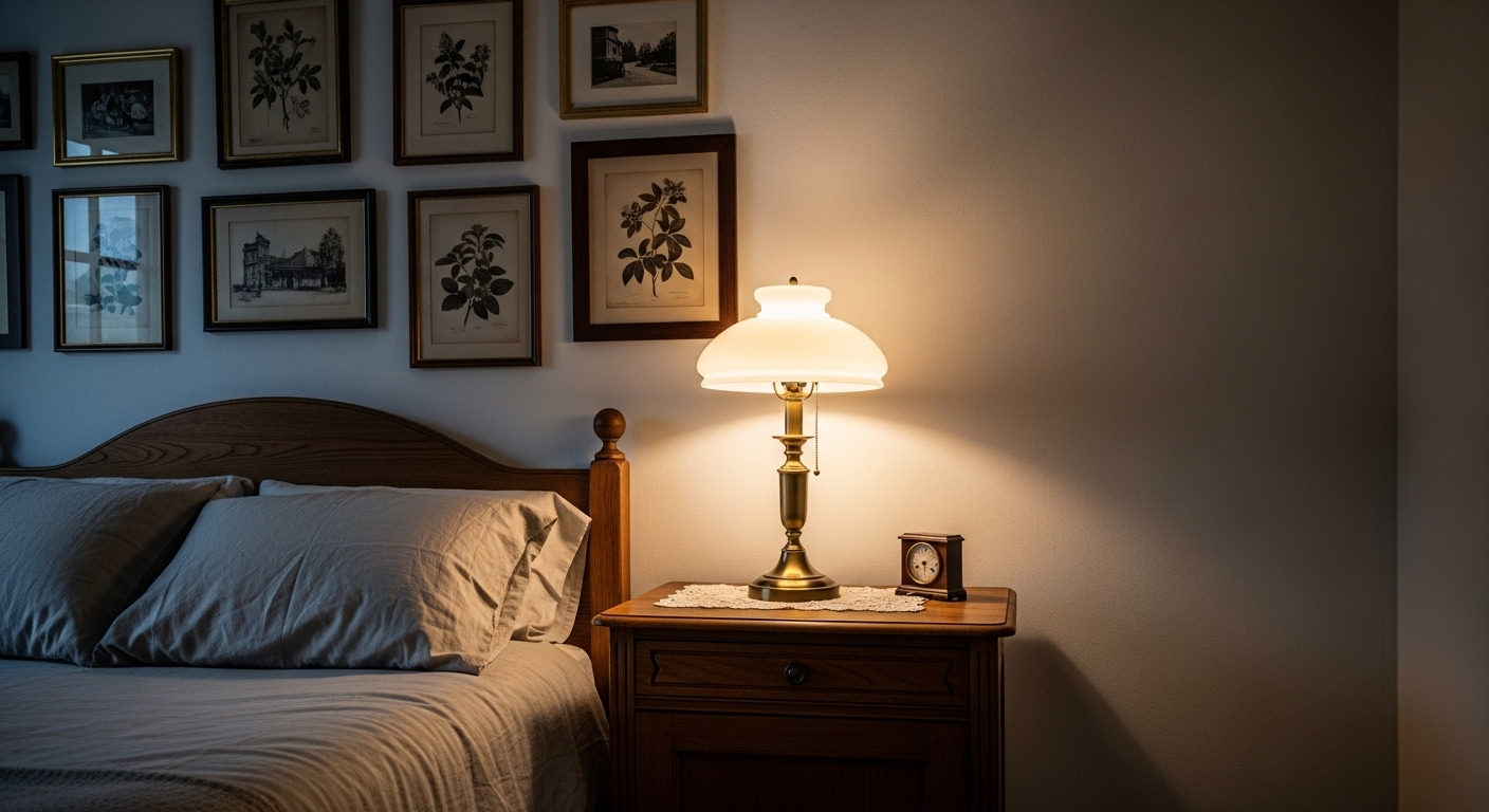 Mẫu trang trí phòng ngủ vintage quyến rũ với tủ gỗ, ga trải giường mềm, tường gallery tranh thực vật sepia và đèn bàn ấm áp.