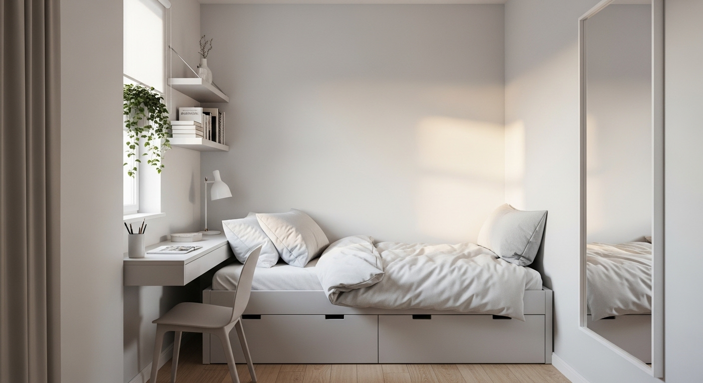 Trang trí phòng ngủ nhỏ gọn, ngăn nắp với giường có ngăn kéo, ga màu sáng và gương treo tường lớn giúp tối ưu không gian.