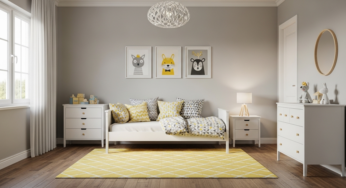 Trang trí phòng ngủ cho trẻ hiện đại với tường xám nhạt, nội thất trắng tối giản. Điểm nhấn là thảm vàng, gối họa tiết và tranh treo tường ngộ nghĩnh, dễ thay đổi theo thời gian.