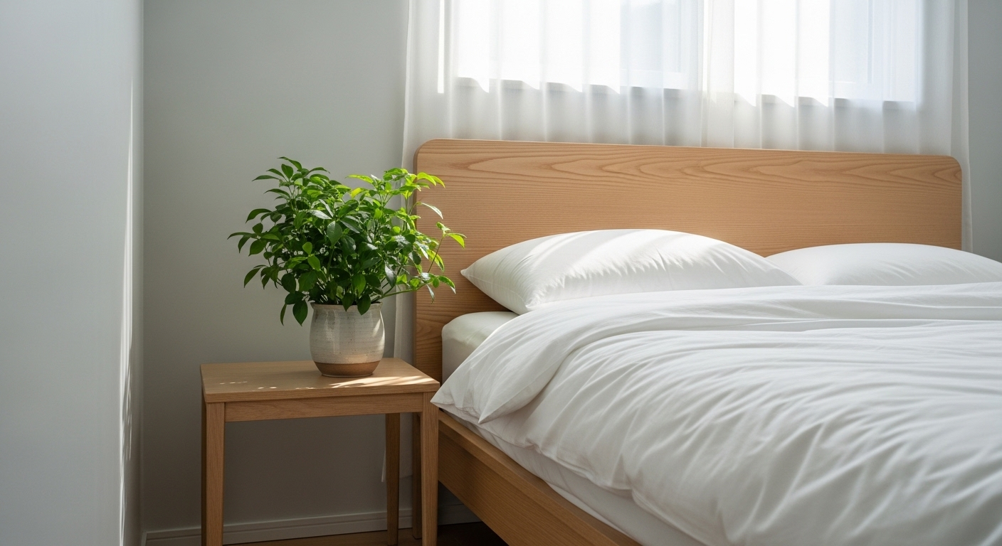 Trang trí phòng ngủ nhỏ phong cách Bắc Âu thanh bình với giường gỗ tự nhiên, ga trắng, và cây xanh nhỏ trên bàn đầu giường, đón ánh sáng dịu từ cửa sổ.