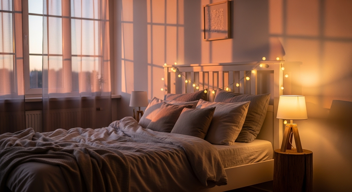 Phòng ngủ ấm cúng buổi tối với đèn nháy trang trí đầu giường và đèn ngủ nhỏ. Các món decor phòng ngủ giá rẻ này tạo không gian thư giãn, thanh bình.