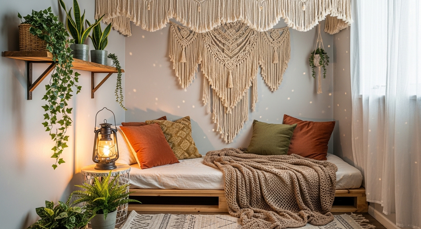 Phòng ngủ nhỏ phong cách Bohemian, decor ấm cúng với treo tường macrame, giường thấp tông màu đất, chăn dệt và cây xanh. Đây là cách decor phòng ngủ nhỏ tạo không gian thư giãn, ánh sáng dịu nhẹ.