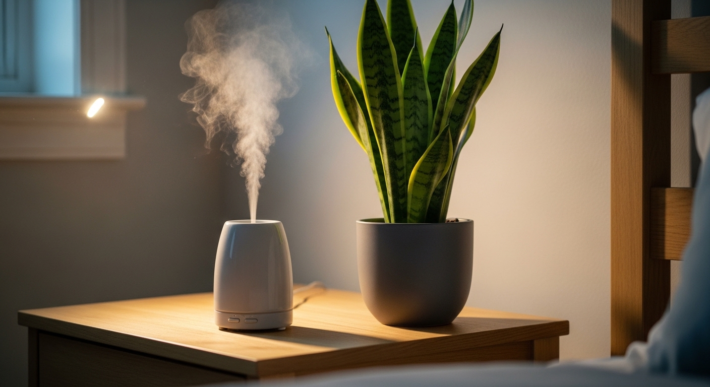 Góc trang trí phòng ngủ thanh bình với máy xông tinh dầu gốm, cây lưỡi hổ trên bàn đầu giường gỗ và ánh sáng ấm áp. Góc trang trí phòng ngủ thanh bình với máy xông tinh dầu gốm, cây lưỡi hổ trên bàn đầu giường gỗ và ánh sáng ấm áp.