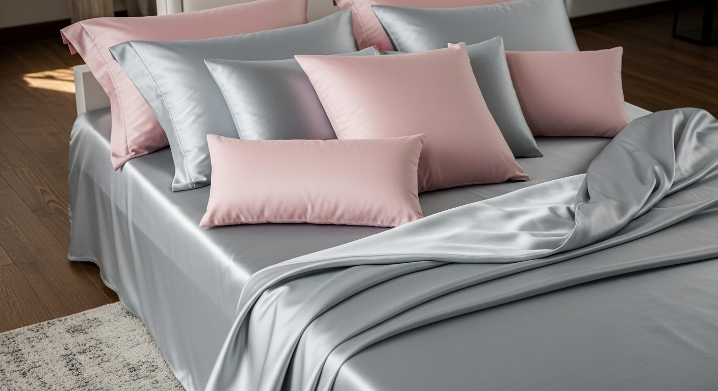 Giường ngủ tinh tế với ga lụa satin xám nhạt, gối trang trí tông hồng pastel mềm mại và thảm lông xù màu sáng, mang lại cảm giác thoải mái.