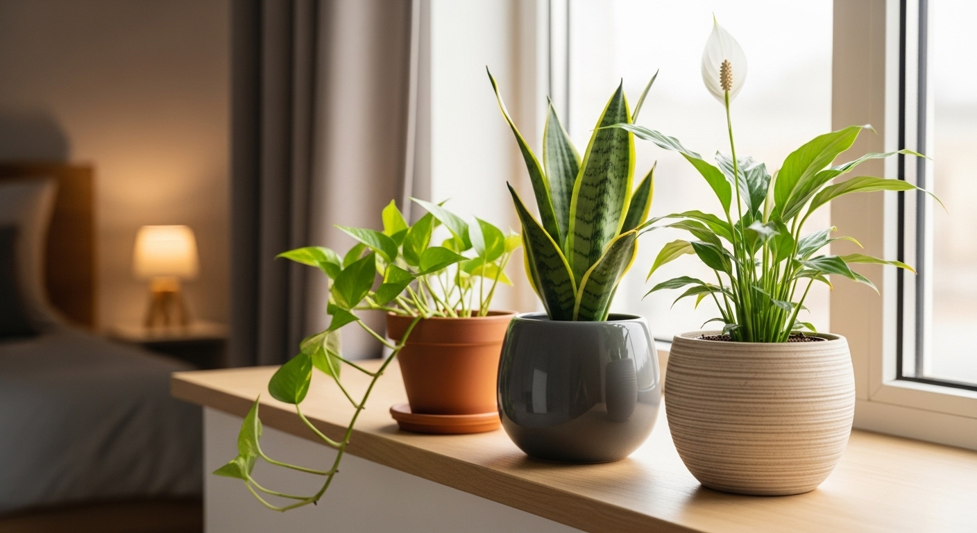 Ba chậu cây cảnh nhỏ (trầu bà, lưỡi hổ, huệ hòa bình) trên bệ cửa sổ gỗ sáng trong phòng ngủ ngập nắng. Mẫu trang trí phòng ngủ đơn giản tiết kiệm mà vẫn xanh mát, tươi mới.