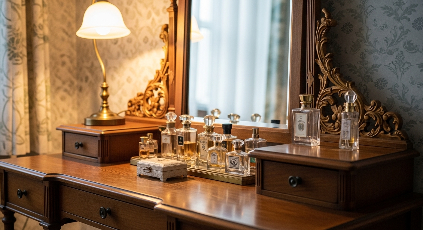 Bàn trang điểm gỗ cổ điển với gương mạ vàng tinh xảo, lọ nước hoa và hộp trang sức, là điểm nhấn trong trang trí phòng ngủ Vintage ấm áp dưới ánh đèn dịu nhẹ.