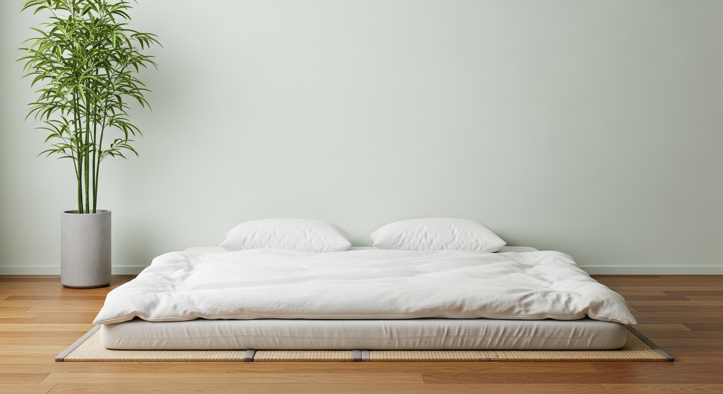 Phòng ngủ tối giản, thanh bình với giường thấp đặt trên chiếu tatami, tường xanh nhạt và cây xanh. Mẫu phòng lý tưởng để tự trang trí phòng ngủ đơn giản mà đẹp. Phòng ngủ tối giản, thanh bình với giường thấp đặt trên chiếu tatami, tường xanh nhạt và cây xanh. Mẫu phòng lý tưởng để tự trang trí phòng ngủ đơn giản mà đẹp.