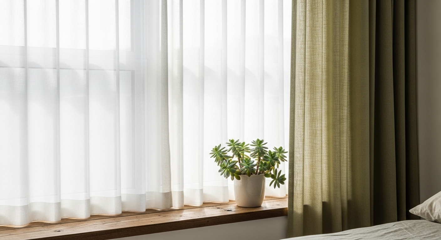 Trang trí phòng ngủ vintage với cửa sổ rèm voan trắng, rèm linen xanh ô liu. Ánh sáng dịu chiếu lên bệ gỗ mộc đặt cây sen đá.