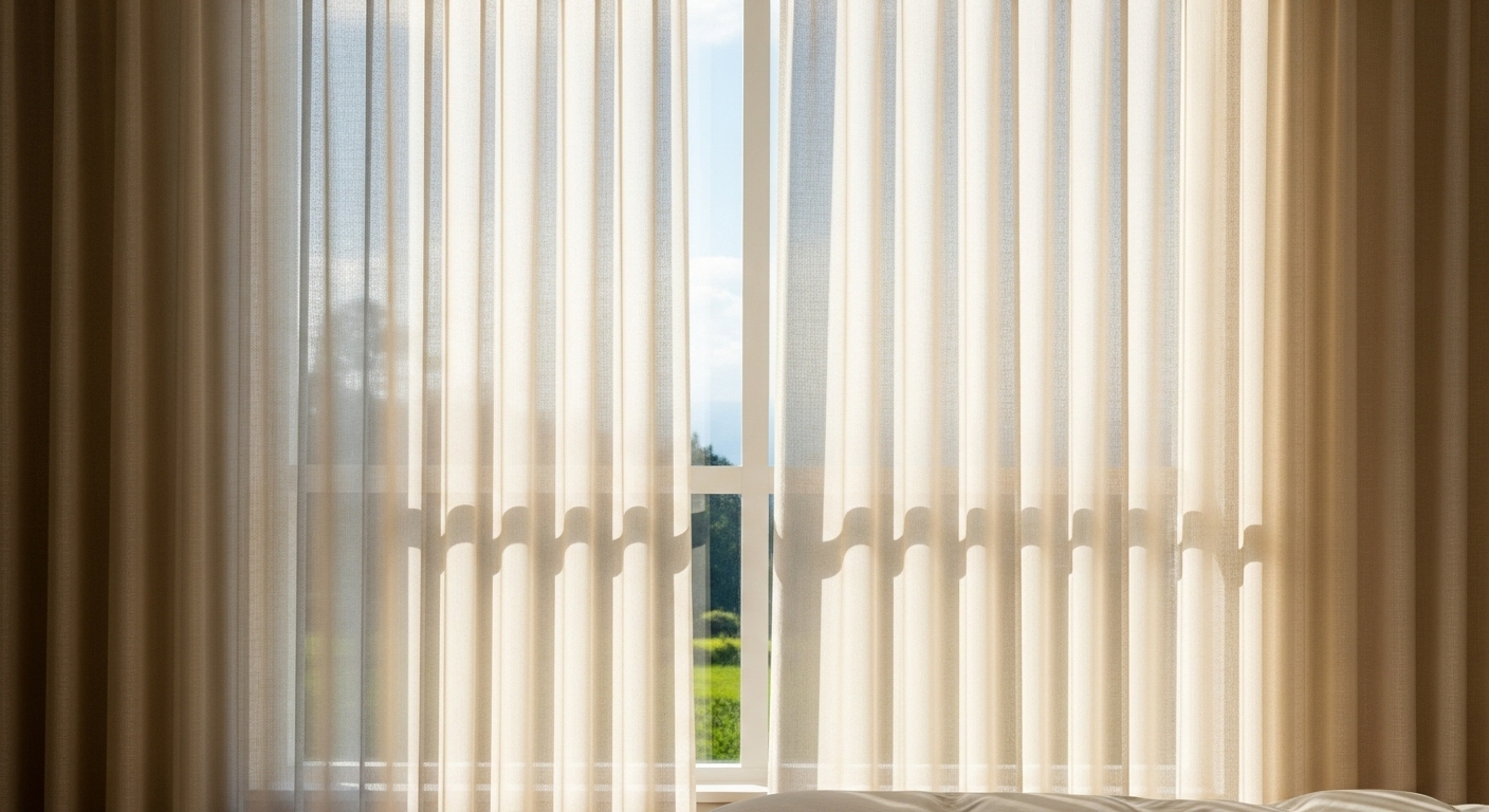 Rèm voan màu kem mềm mại treo duyên dáng ở cửa sổ phòng ngủ, đón ánh nắng tự nhiên dịu nhẹ tạo không gian sáng sủa, thoáng đãng – ý tưởng trang trí phòng ngủ đơn giản ít tốn kém hiệu quả.