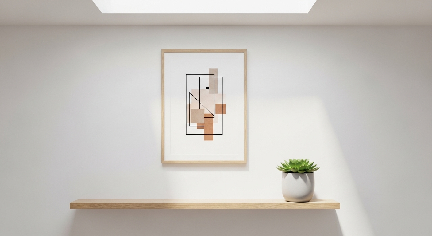 tranh hình học trừu tượng trên tường trắng, kệ gỗ với cây xương rồng nhỏ.