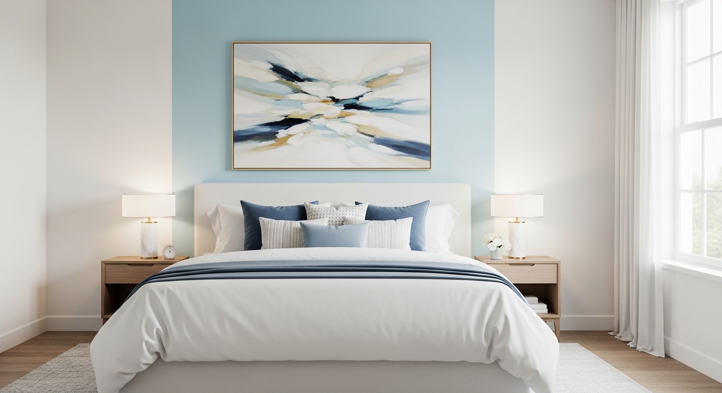 Trang trí phòng ngủ đẹp và thanh lịch với tường điểm nhấn xanh nhạt, tranh trừu tượng lớn phía trên giường và ga trải giường trắng tinh.