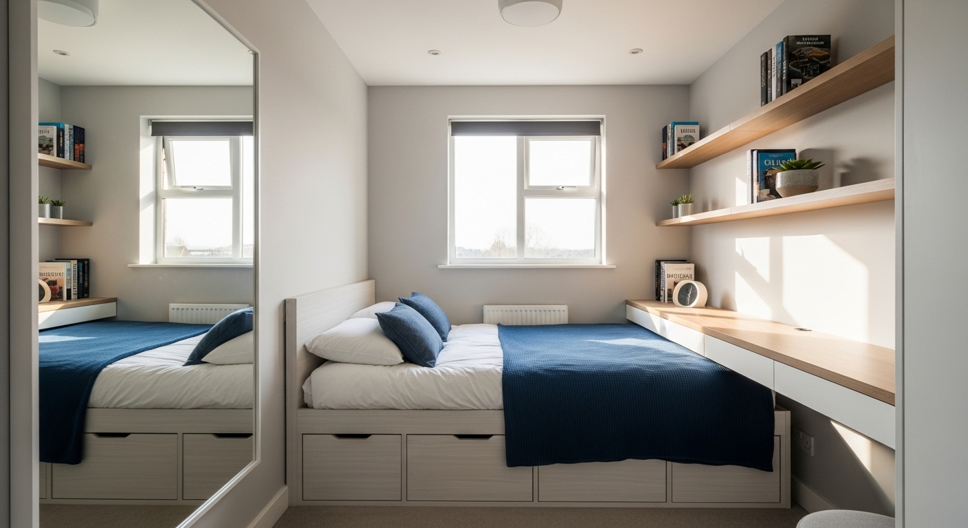 Phòng ngủ nhỏ gọn hiện đại với giường có ngăn kéo, gương lớn và kệ gỗ treo tường. Ý tưởng tự trang trí phòng ngủ đẹp, tối ưu không gian hiệu quả.