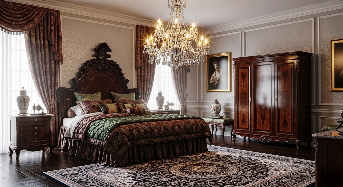 Phòng ngủ cổ điển sang trọng với giường chạm khắc, đèn chùm pha lê và nội thất gỗ tinh xảo. Mẫu trang trí phòng ngủ quý phái.