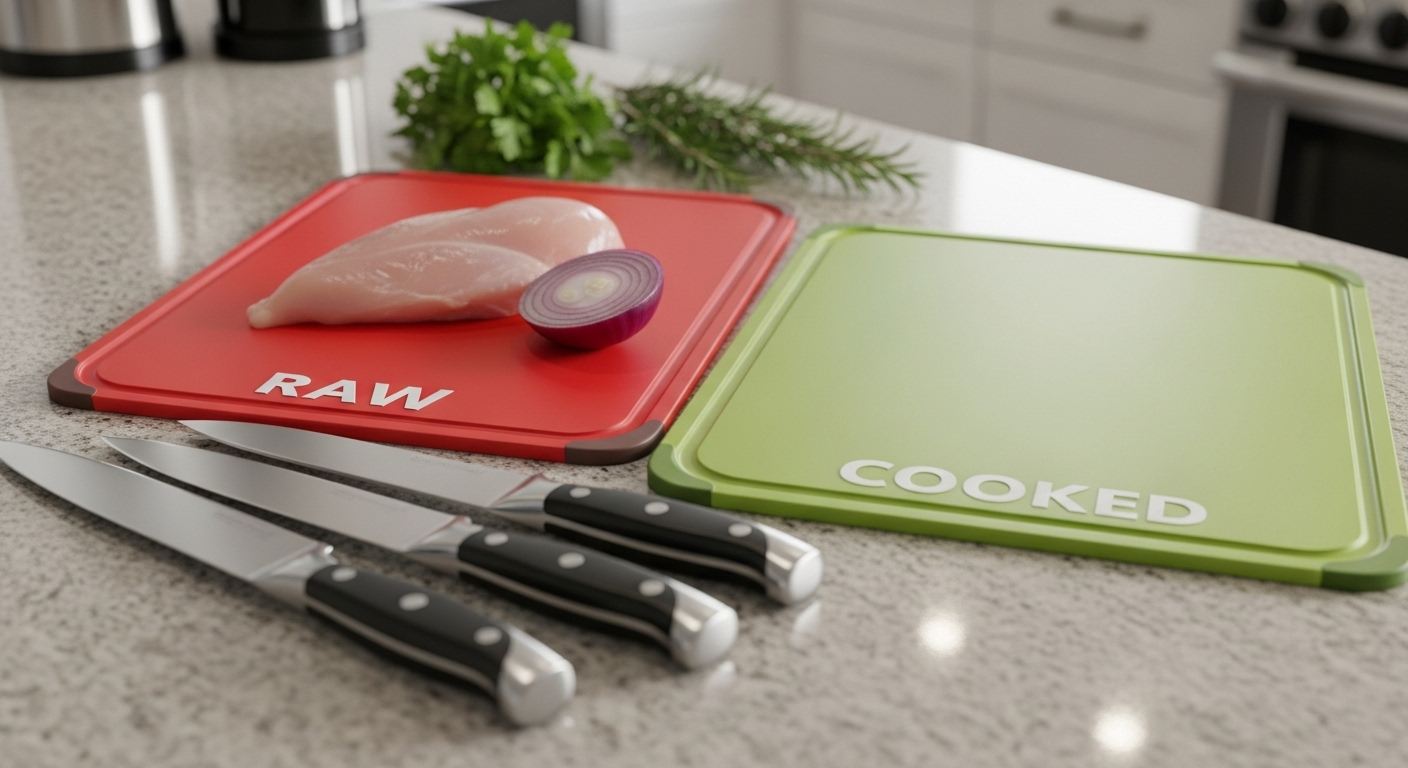 Căn bếp gọn gàng, sạch sẽ với hai thớt riêng biệt cho thực phẩm sống và chín, dao sắc và rau thơm tươi. Một phần thiết yếu của Mẹo bảo quản thực phẩm tươi ngon ngày Tết là chuẩn bị thực phẩm an toàn và vệ sinh.