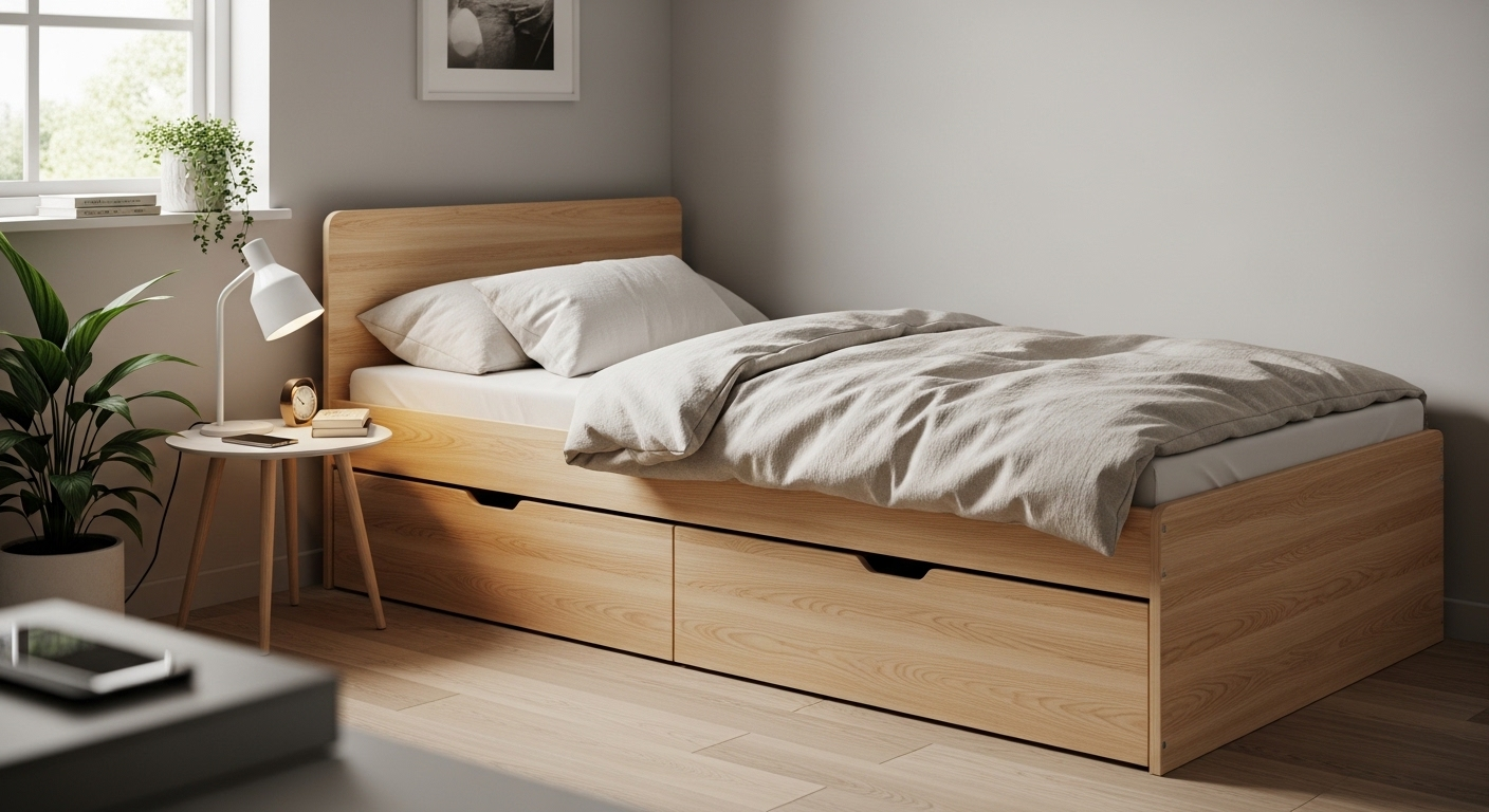 Giường gỗ sáng màu hiện đại, nhỏ gọn có ngăn kéo lưu trữ tích hợp, giải pháp hiệu quả cho việc trang trí phòng ngủ nhỏ gọn gàng và tối ưu không gian.