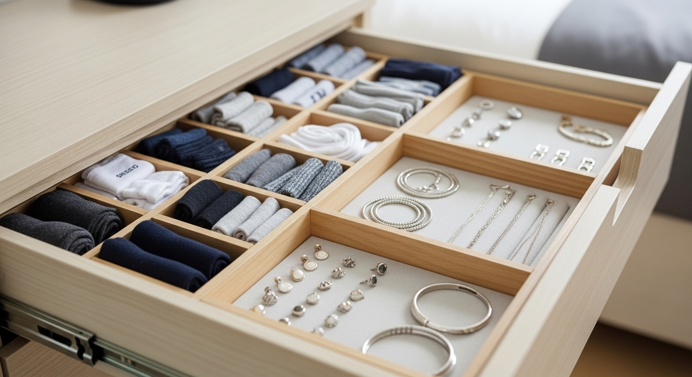 Ngăn kéo tủ màu sáng với các vách ngăn, sắp xếp gọn gàng phụ kiện và trang sức, là ý tưởng tuyệt vời cho việc trang trí phòng ngủ thêm ngăn nắp và đẹp mắt.